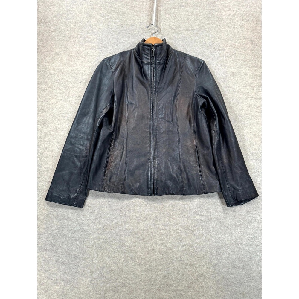 Nine West Leather Jacket Womens Medium Black Full Zip Pockets Mock Neck Jacket